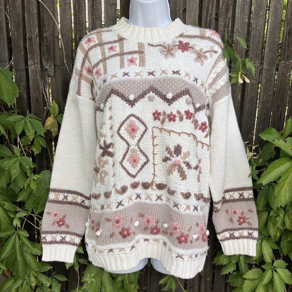 Vtg BP Design Embroidered Floral Sweater Medium 90s Y2K Boho Cottage Grandma